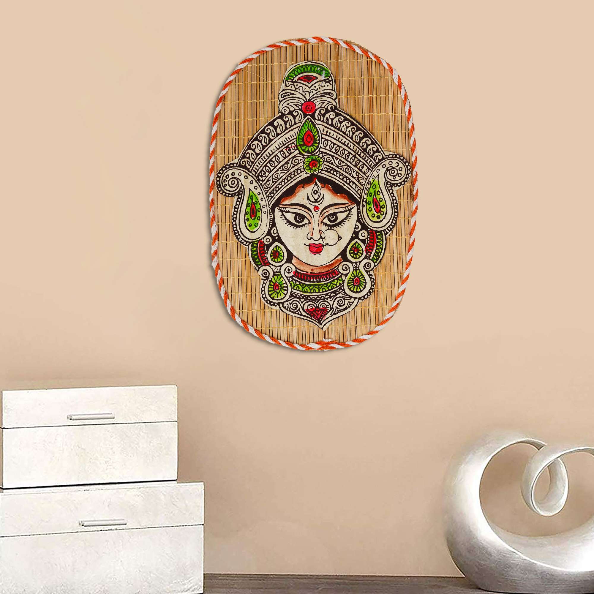 Oval Shaped Design Bamboo Hand Crafted Wall Hangings Durga Ji For Home Decor | Bamboo Art For Wall Decor - Image 3