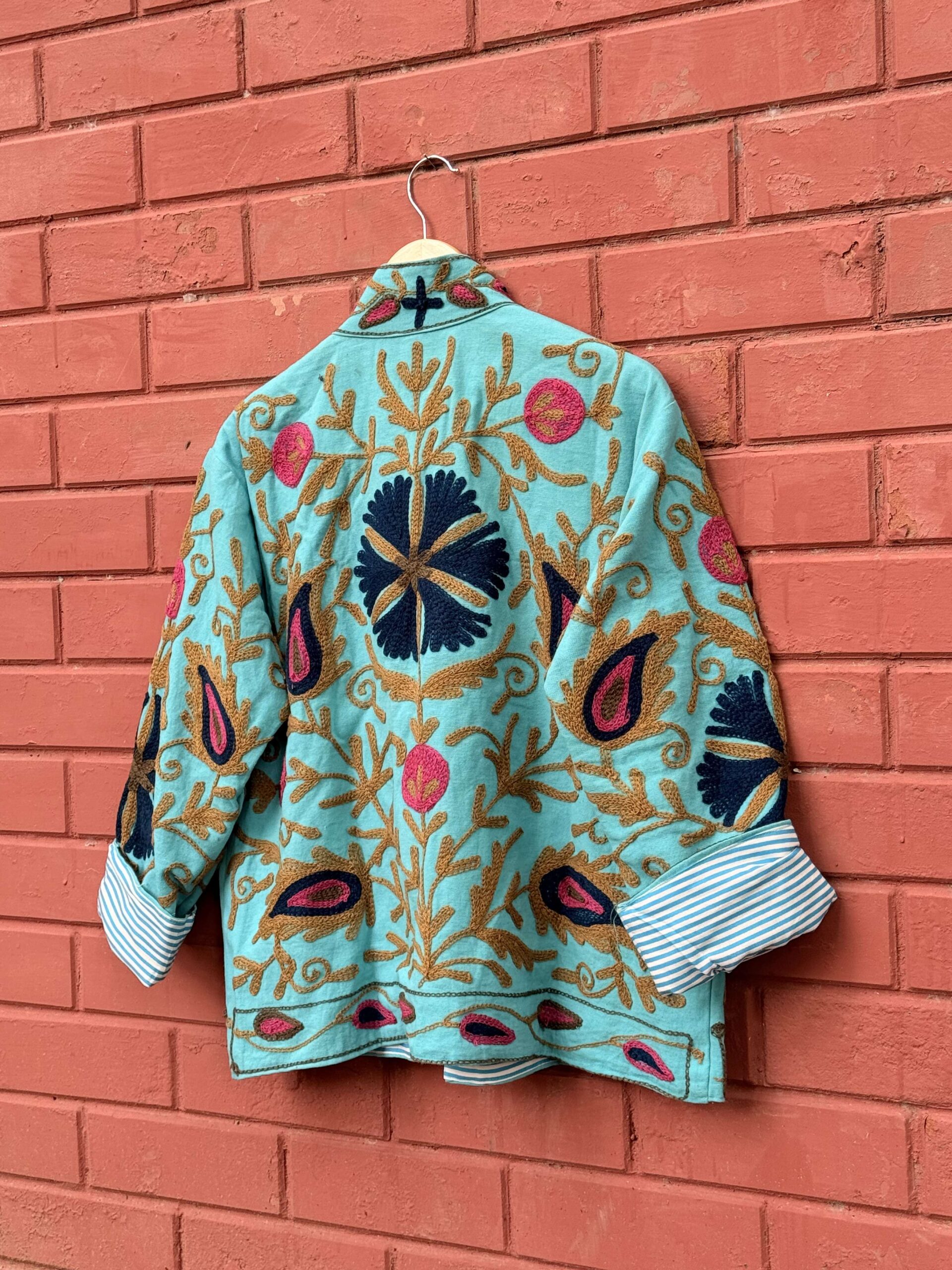 Womens Teal Blue Velvet Embroidered Jacket with Floral Design - Image 8