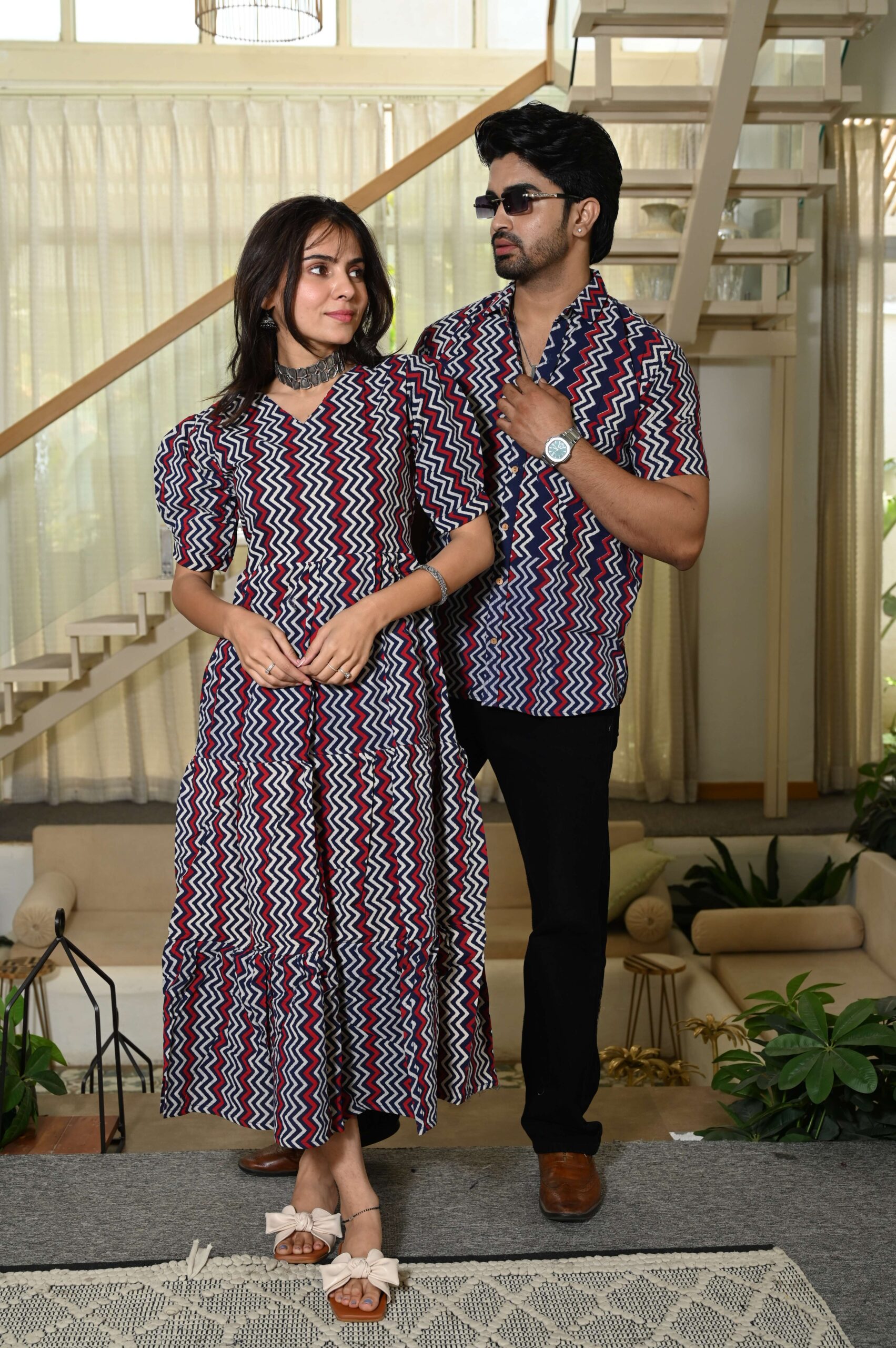 Couple Matching Navy Blue & Red Zigzag Cotton Anarkali Midi Dress and Shirt Set - Image 2