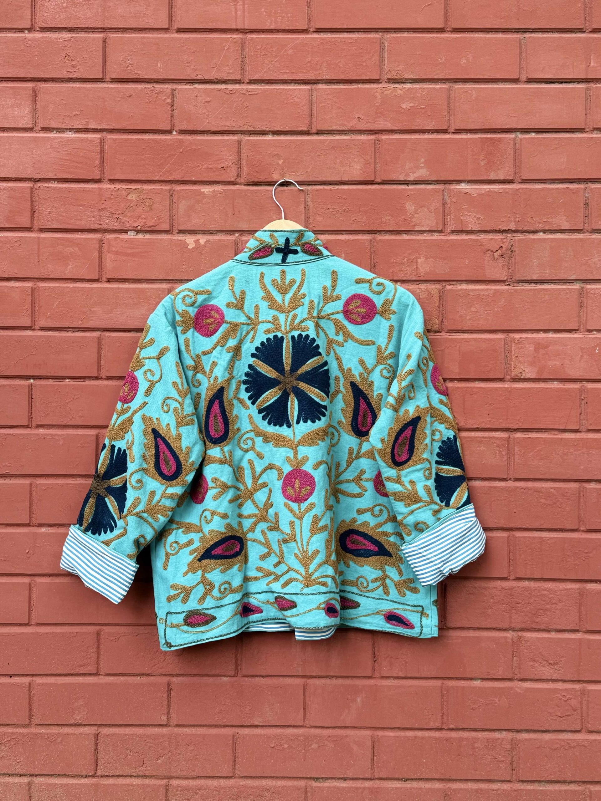 Womens Teal Blue Velvet Embroidered Jacket with Floral Design - Image 2